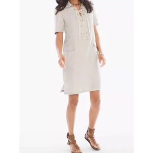 Chico's Lace Up Dress Women's Size 0.5 (XS/6) Tan Foiled 100% Linen Lagenlook - Picture 1 of 12
