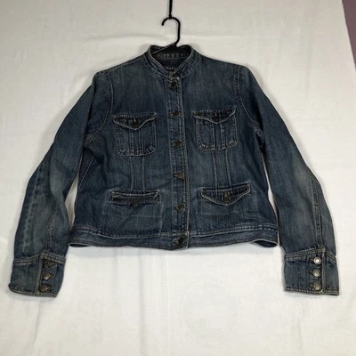 Chaps 牛仔夹克女式大号蓝色纽扣 4 口袋牛仔裤夹克 100% 棉 — 第 1/4 张图片