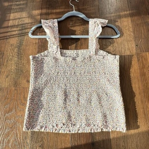 Old Navy Pink Ditsy Floral Smocked Cami Tank Top Ruffle Strap Boho Size L - Picture 1 of 7