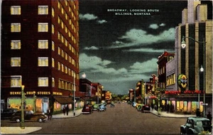 Broadway at night looking south Billings MONTANA LINEN POSTCARD D8 - Picture 1 of 2