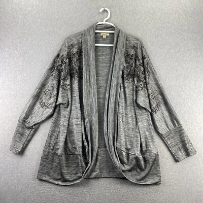 One World 3X Gray Lace Print Kimono Cardigan Long Sleeve Open Front Stretch Knit - Image 1 of 4