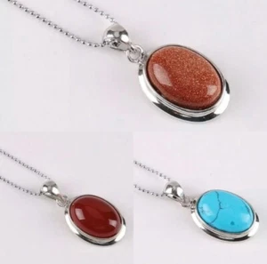 Stunning Egg Shape Semi-precious Stone Pendant With Link Chain Necklace - Picture 1 of 11