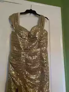 V- NECK SHINY GOLDEN SEQUIN EVENING DRESS WITH GLITTERING,ELEGANT.FORMAL,WEDDING - Picture 1 of 14