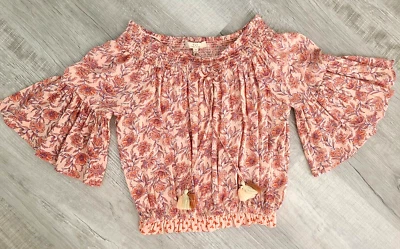 Blusa CHELSEA & VIOLET Rosa Estampado Floral Hombros Descubiertos Top Manga Campana Boho XS  Foto 1 de 4