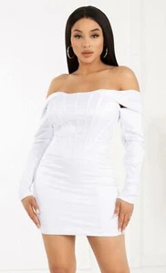 White Long Sleeve Draped Off The Shoulder Bandage Bodycon Mini Dress NWT - Picture 1 of 7