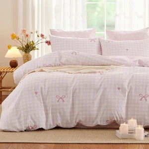 Gingham Comforter Set Twin Size,2 Pieces Pink Plaid Bow Ties Comforter Beddin... - Bild 1 von 6