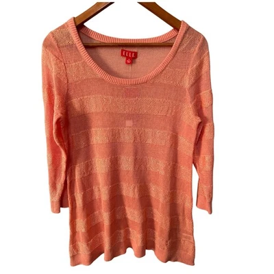 Elle Women's Sweater Coral 3/4 Sleeve Round Neck Striped Casual Top Medium NWT - Image 1 of 4