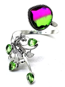 925 Sterling Silver Tourmaline & Amethyst Gemstone Jewelry Cuff Bracelet S-ADJ" - Picture 1 of 7