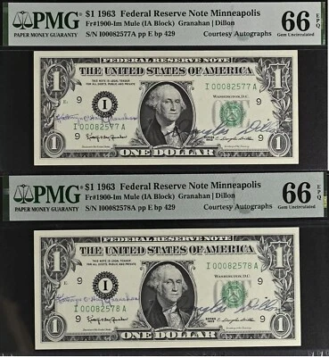2-Consecutive 1963 $1 FRN - PMG 66EPQ - Courtesy Autograph - Granahn / Dillon - Image 1 of 4