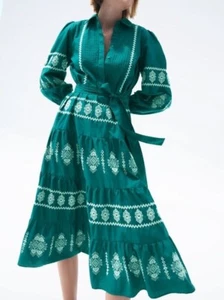 Vestido Zara Verde Azulado Bordado Midi Talla XL Corbata Cinturón Boho Campesino Nuevo con Etiquetas - Imagen 1 de 7