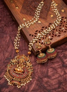 Traditional South Indian Temple Long Gold Plated Necklace Set With Earrings - Picture 1 of 2