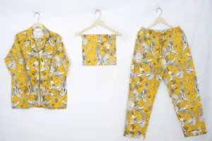 Indian 100% Cotton Yellow Tiger Printed PJ Sets Women's Sleepwear Night Suit US - Picture 1 of 5