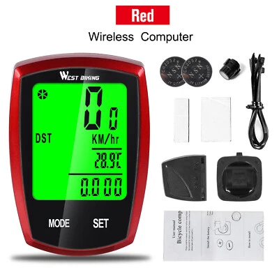 WEST BIKING Wireless Bike Computer Impermeabile Retroilluminazione Bicicletta Tachimetro Rosso - Immagine 1 di 4