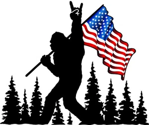 Sasquatch / Bigfoot with American Flag Vinyl Decal / Sticker, Rock On, Forest - Picture 1 of 7