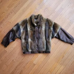 Vintage Fur Leather Coat Snap Off Sleeves Bomber Jacket Vest Brown - Foto 1 di 23