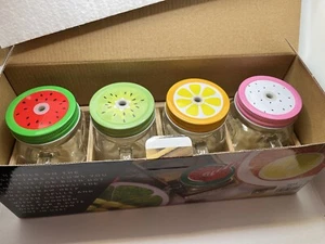 4 Glass Mason Jar Mugs With Handle Fruit Design Tin Lid 4 Plastic Straws Cute - Picture 1 of 8