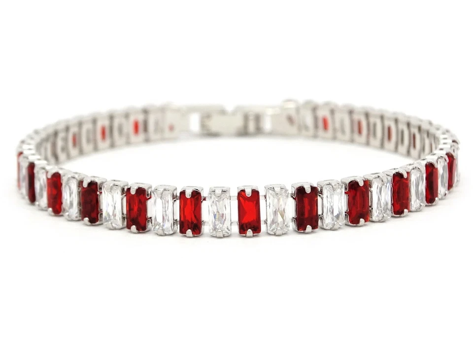 Bonita baguette roja y blanca piedras preciosas tenis para dama pulsera forma rectangular Foto 1 de 4