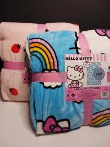 Hello Kitty Plush Blanket Lot Of 2 Blue Rainbow And Pink Strawberries Bundle Nwt - Picture 1 of 15