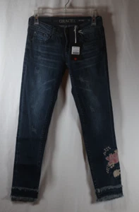Grace in LA Skinny Distressed Fringed Flower Embroidered Jeans Size 25 - Picture 1 of 2