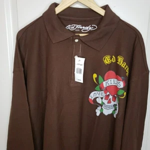 Y2K Ed Hardy Love Kills Slowly Polo Shirt Long Sleeve Mens 3XL Brown Retail $92. - Picture 1 of 9