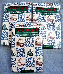 3 Christmas Tablecloths 70" Round Cecil Saydah Vinyl Holiday Cabin Flannel Back - Picture 1 of 11