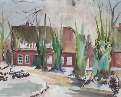 Gerhard Schulte-Dahling Dorf Bauernhof rote Holzhäuser Expressionismus Aquarell - Bild 1 von 3