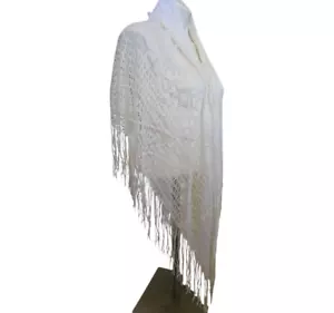 Vintage Crochet Shawl Poncho Lace Wrap Cover-Up Casual Fringe Scarf Drape White - Picture 1 of 5