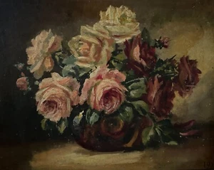 Huile sur panneau signée nature morte bouquet de roses 1936 L6697 - Foto 1 di 13