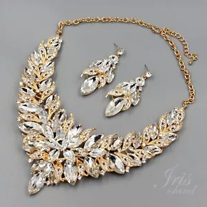 Huge Gold Plated Clear Crystal Wedding Necklace Earrings Jewelry Set 09437 Prom - Picture 1 of 8