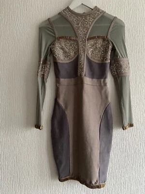 NUDE GREY BANDAGE DRESS DIAMANTE BODYCON S CELEB BOUTIQUE PARTY SMART GLAM XMAS - Image 1 of 4