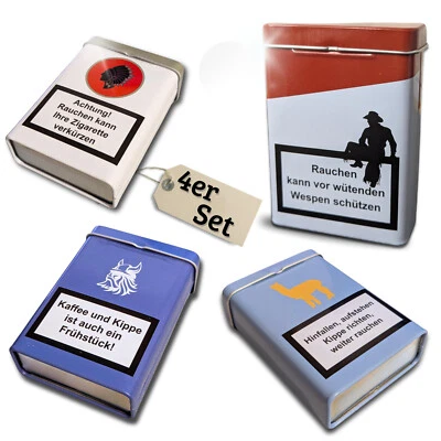 4er Set Metall Zigarettendose Zigarettenetui 4 Sprüche Box wie Abgebildet