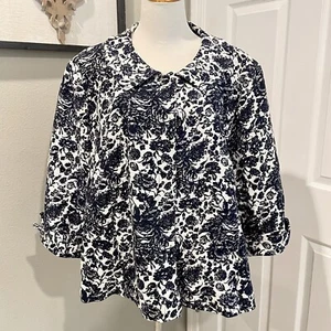 Talbots Navy & White Floral Toile Jacket Blazer Coat Top Lined 24W, Shawl Collar - Picture 1 of 15