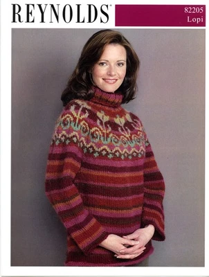 Reynolds Knitting PATTERN 82205 Lopi Flower Yoked Pullover Sweater - Image 1 of 2