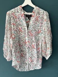 Saloni blouse white with flowers Silk Size small Sheer Tie Neck Chic Sexy - Picture 1 of 7