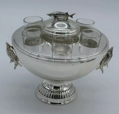 Cuenco de caviar con cuenco de vidrio y vaso de 6 chupitos con pescado esturión - servidor de caviar Foto 1 de 4