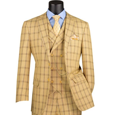 VINCI Men's Tan Windowpane 3pc 2-Button Modern Fit Suit - NEW - Image 1 of 4