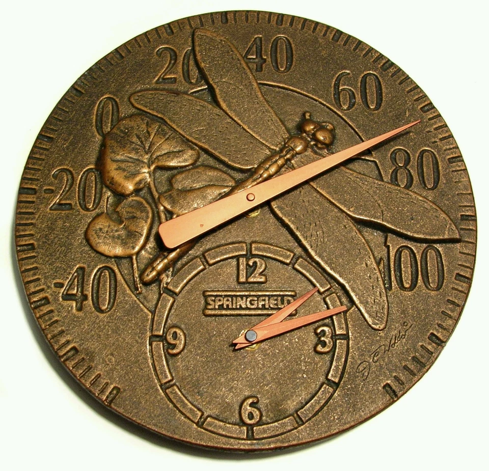 MEGA RARE - 12" ROUND SPRINGFIELD DRAGONFLY METAL THERMOMETER CLOCK  - Image 1 of 4
