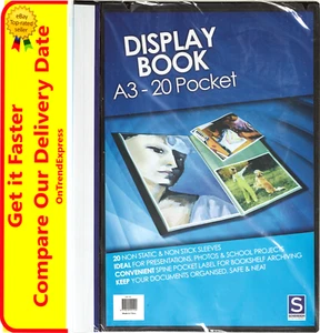 A3 Display Folder Book by Sovereign Portrait Style 20 Page Clear Black Cover NEW - Picture 1 of 5