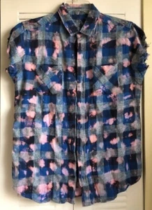 Black Jack Herren Medium Knopfleiste SS Baumwolle blaurosa karierte Taschen ~ EUC ~ - Bild 1 von 5