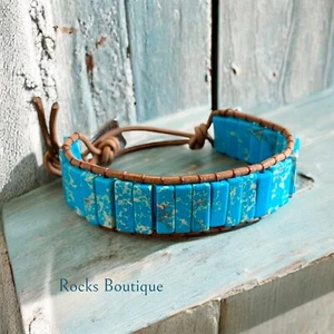 Turquoise Natural Stone Jasper Leather Wrap Bracelet Adjustable Rocks Boutique - Picture 1 of 5
