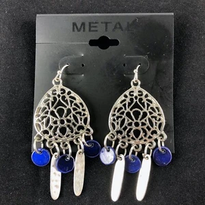 Kohl's Metall Ohrringe silberfarben 2" Hänger mit dunkelblauer Emaille - Bild 1 von 1