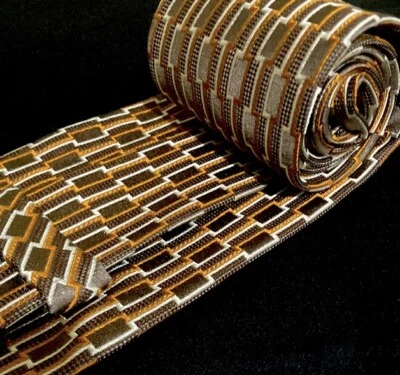 Ermenegildo Zegna Neck Ties 57”Jacquard Geometrical Bronze Brown Woven Silk Gold - Image 1 of 4