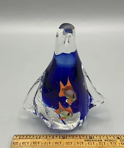 Vtg Clear & Cobalt Blue Penguin? Bird Orange Fish Glass Sculpture Paperweight - Picture 1 of 9
