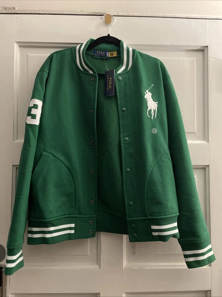 Chaqueta de béisbol universitaria polar con logotipo de Big Pony verde Polo Ralph Lauren para hombre talla M Foto 1 de 4