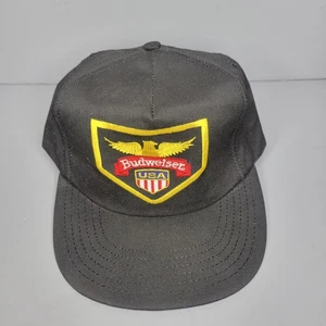 Vintage Budweiser Hat Cap Snap Back Black Embroidered Patch USA Promo Mens 90s - Picture 1 of 6
