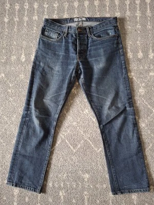 Pantalones de mezclilla Baldwin para hombre 34 hechos en EE. UU. The 76 tiro medio ajuste cónico botón mosca Foto 1 de 4