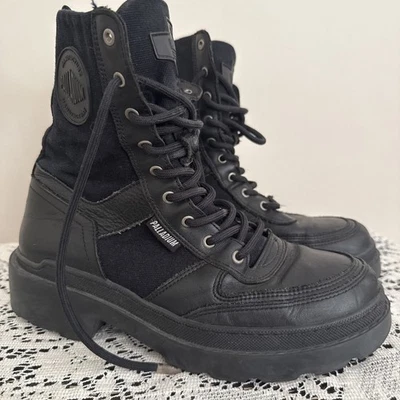 PALLADIUM Black Combat Boots Sz 37 Lace Up Leather Unisex Lug Sole Fabric - Image 1 of 4