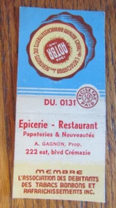 CUBIERTA BOBTAILED MATCHBOOK: A. GAGNON RESTAURANTE MONTREAL AÑOS 40 MATCHCOVER -D3 - Imagen 1 de 1