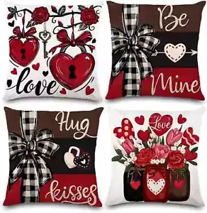 4 Pack Valentine'S Day Pillow Covers Decoration,18X18In Buffalo Plaid Farmhouse - Picture 1 of 8