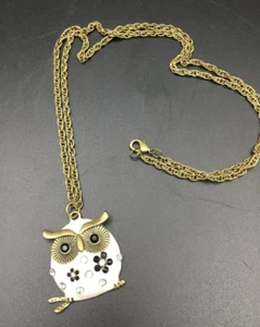 Owl Pendant Necklace Enamel Rhinestone Rope Chain Costume Jewelry Women - Picture 1 of 5